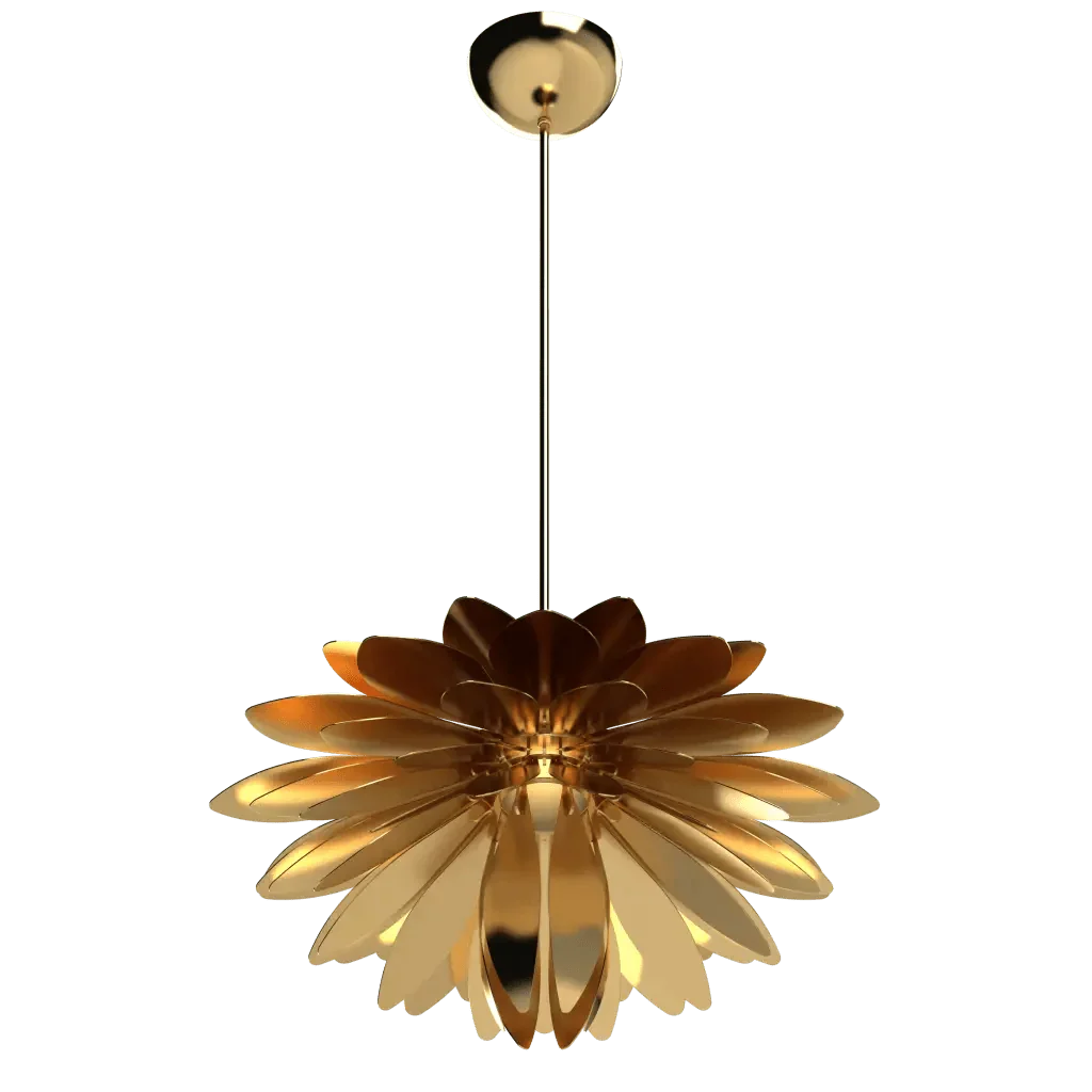 Dahlia Pendant III - polished brass finish, front elevation showing expanded flower form with additional petal layers
