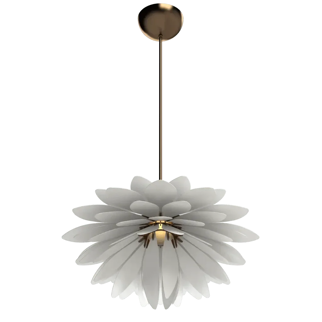 Dahlia Pendant - polished brass finish, detail of thin brass suspension rod