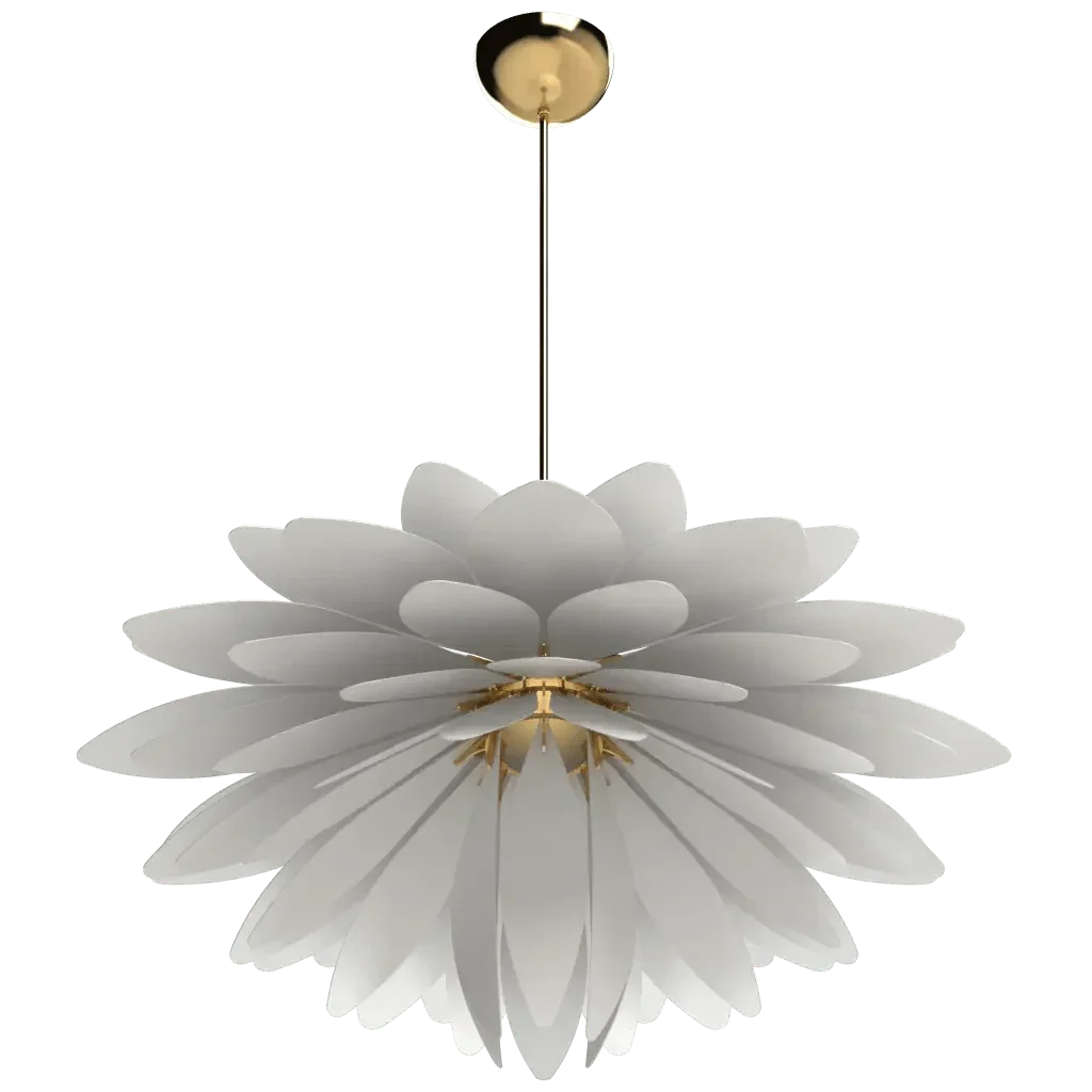 Dahlia Pendant - polished brass finish, three-quarter view showing concentric petal arrangement