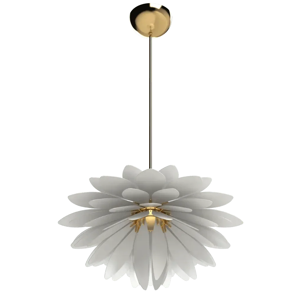 Dahlia Pendant - polished brass finish, front elevation showing single-layer flower form with stamped brass petals