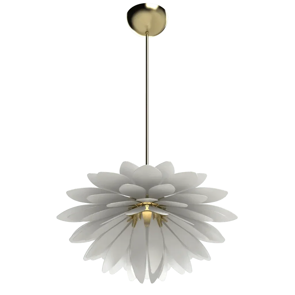 Dahlia Pendant - polished brass finish, side profile showing thin suspension rod and circular canopy