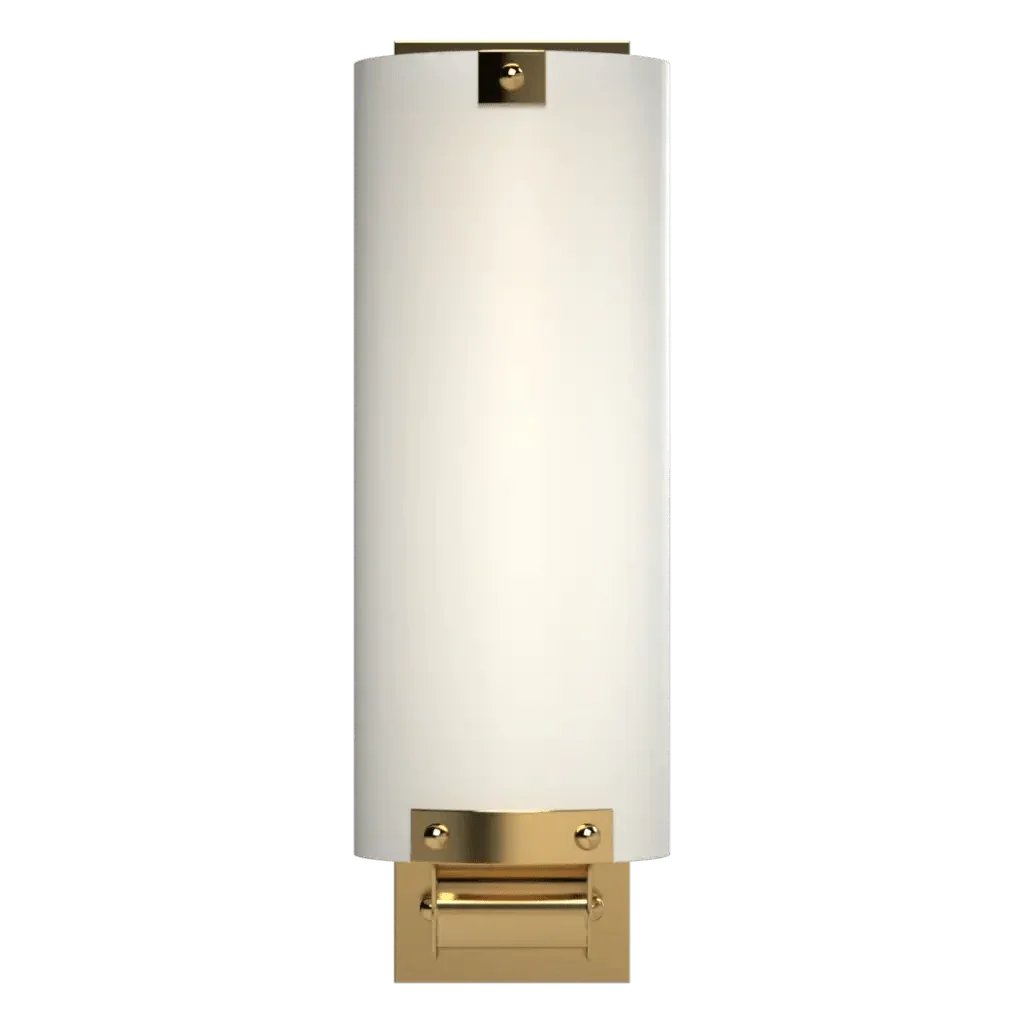 Dallas sconce cylindrical wall sconce with frosted white glass shade and gold-finished metal accents