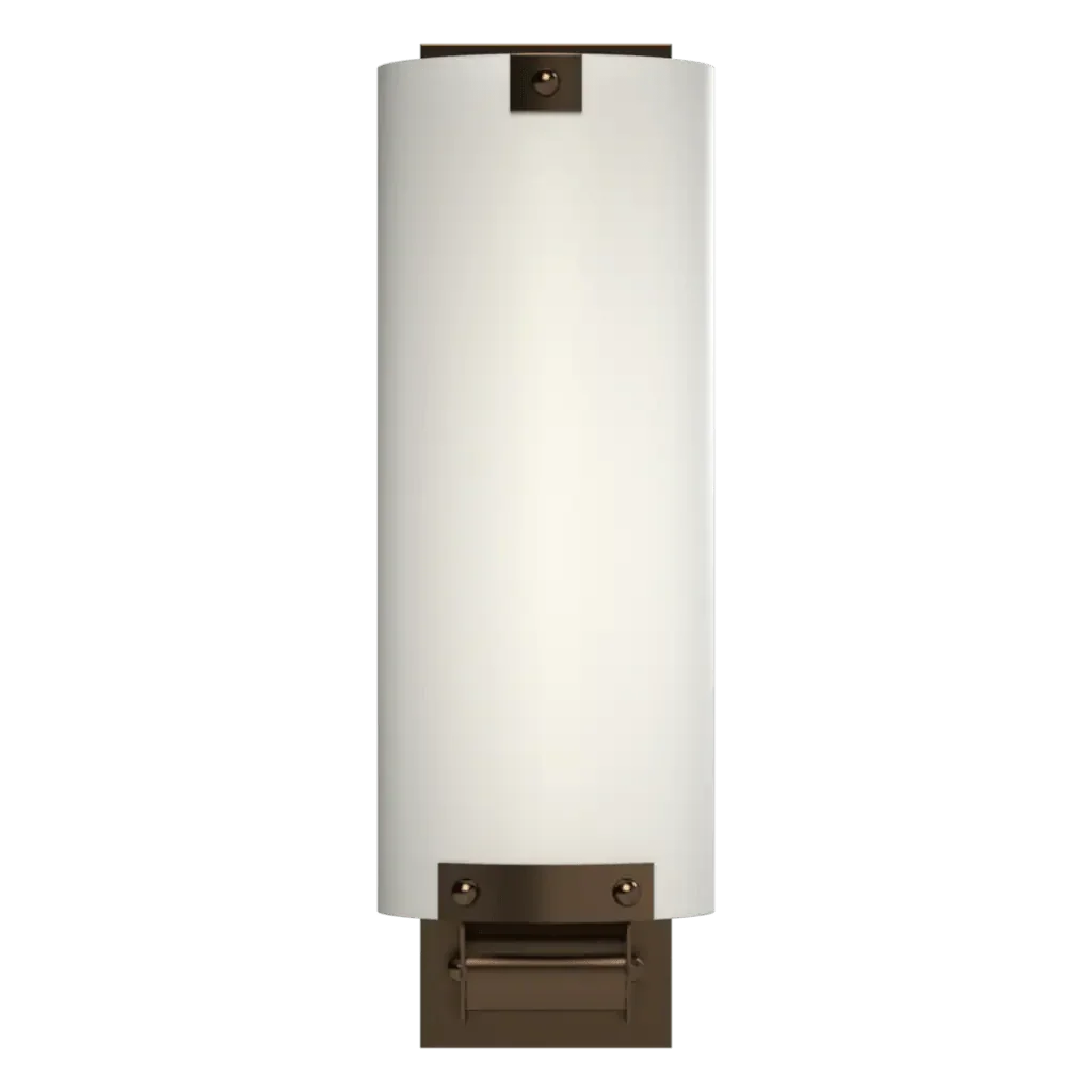 Dallas sconce featuring a cylindrical white glass wall sconce with bronze metal accents for elegant lighting