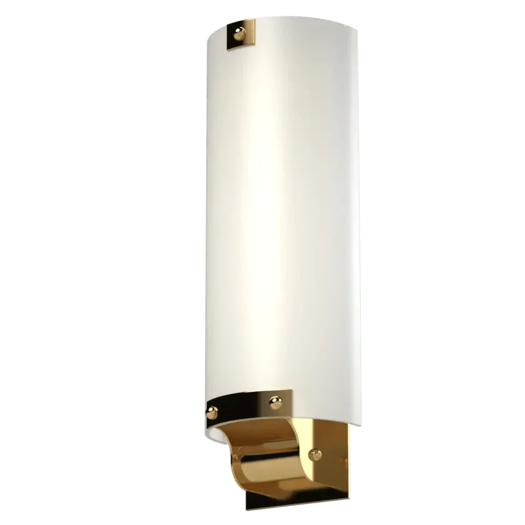 Dallas sconce tall white curved wall sconce with gold-colored metal accents at top and bottom