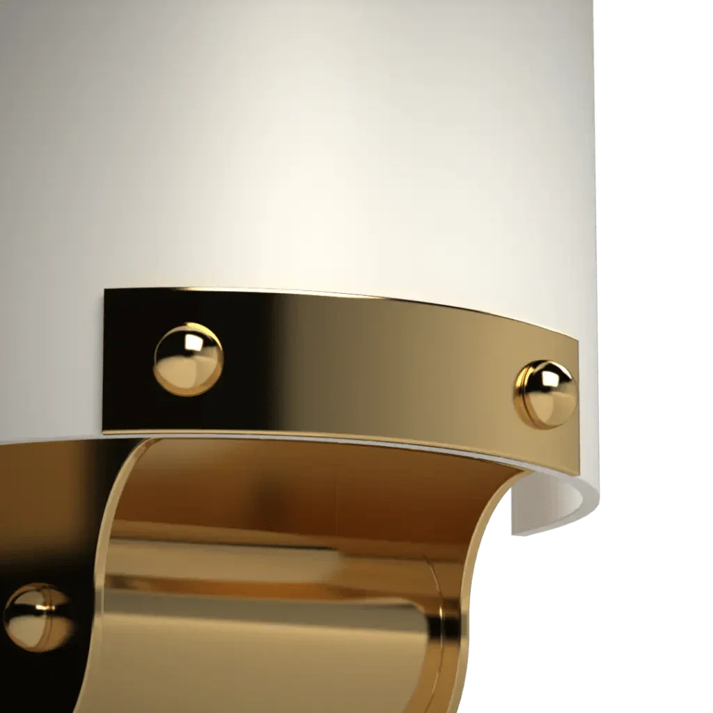 White cylindrical dallas sconce with golden bands and studs for elegant wall lighting decor