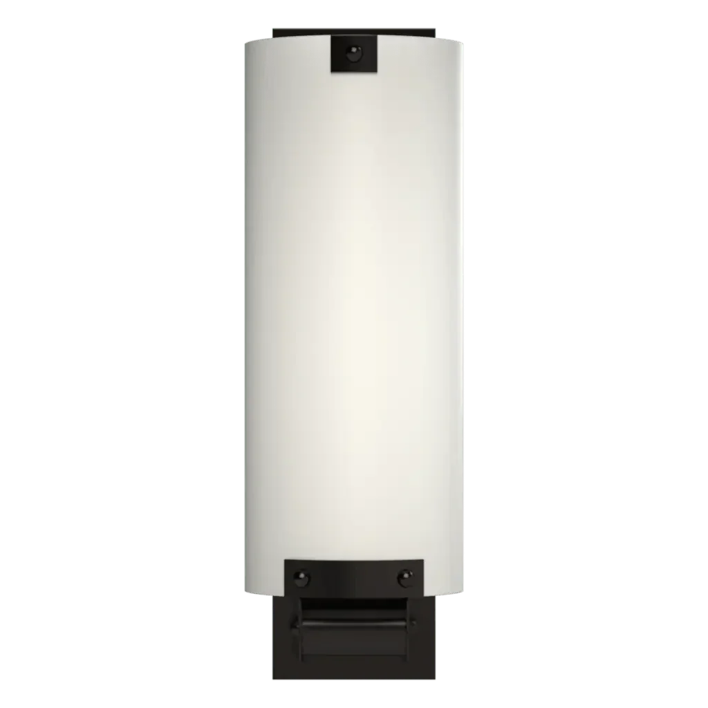 White cylindrical Dallas Sconce wall-mounted light fixture with black top and bottom accents for indoor use