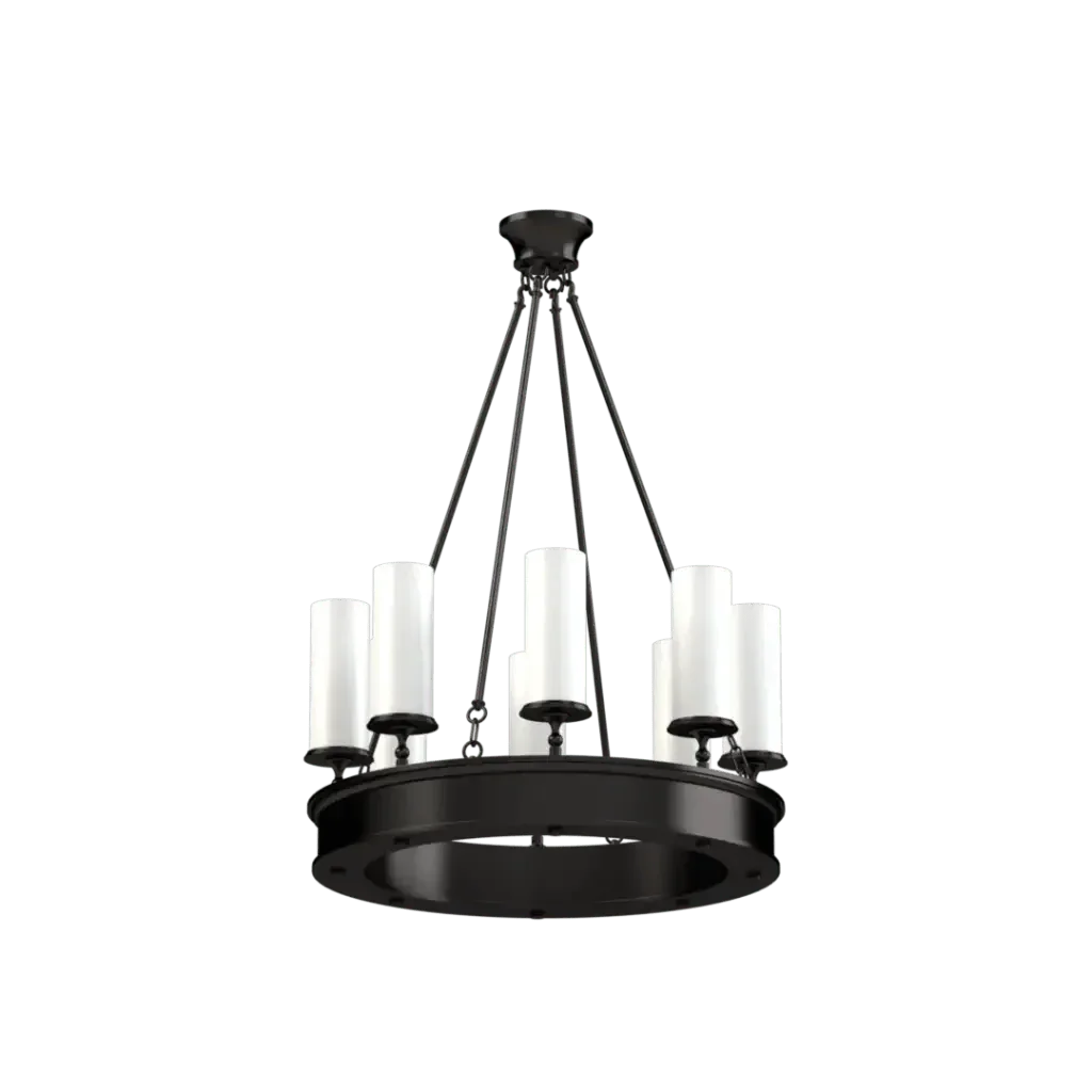 Diadem Chandelier - polished brass finish, detail of cylindrical white opal glass shades