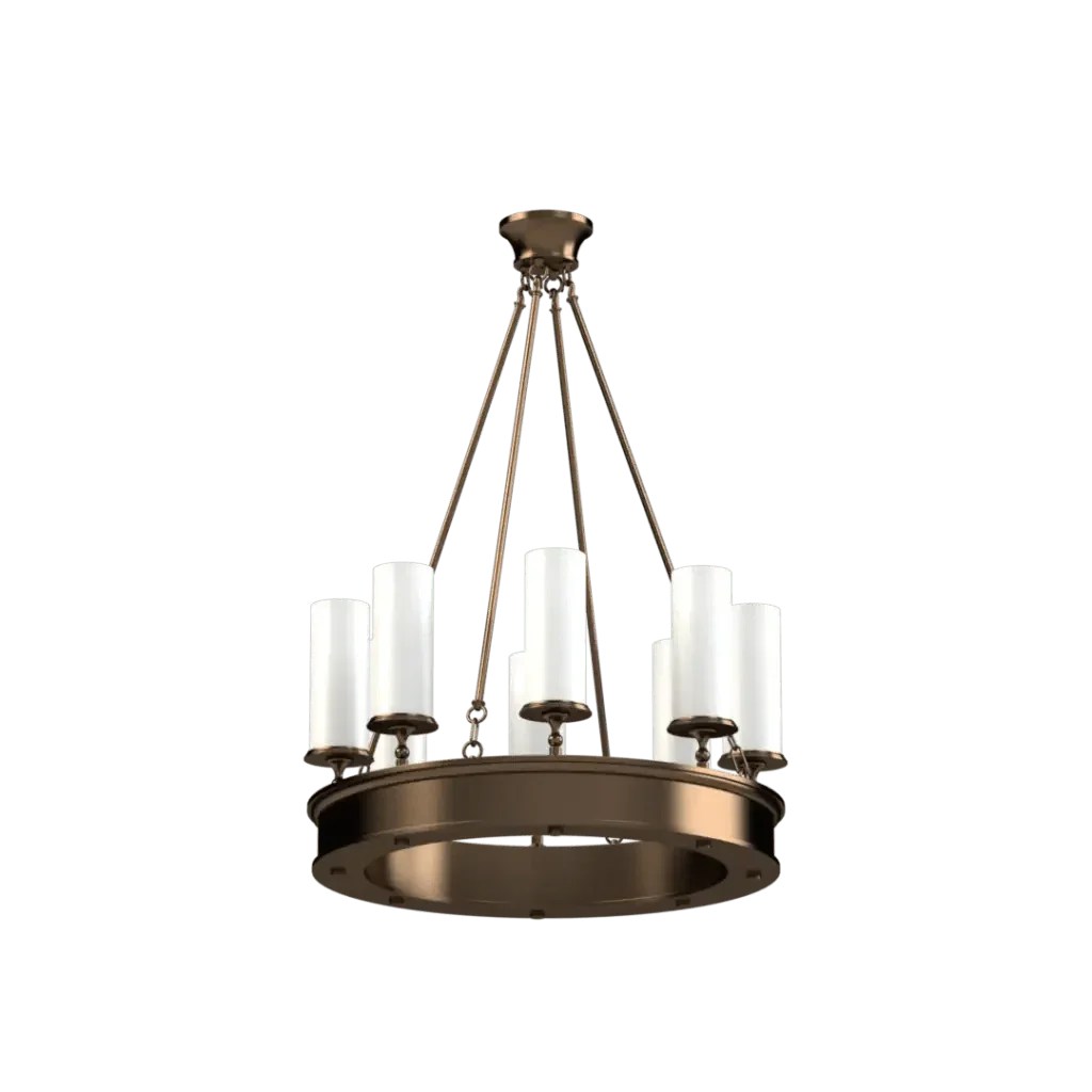 Diadem Chandelier - polished brass finish, detail of six candle-style light holders around ring perimeter
