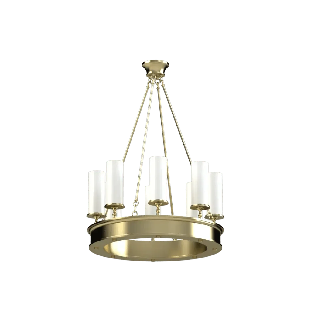 Diadem Chandelier - polished brass finish, three-quarter view showing thick substantial circular ring