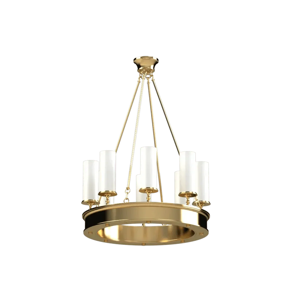 Diadem Chandelier - polished brass finish, front elevation showing ring form with three angled suspension rods and cylindrical glass shades