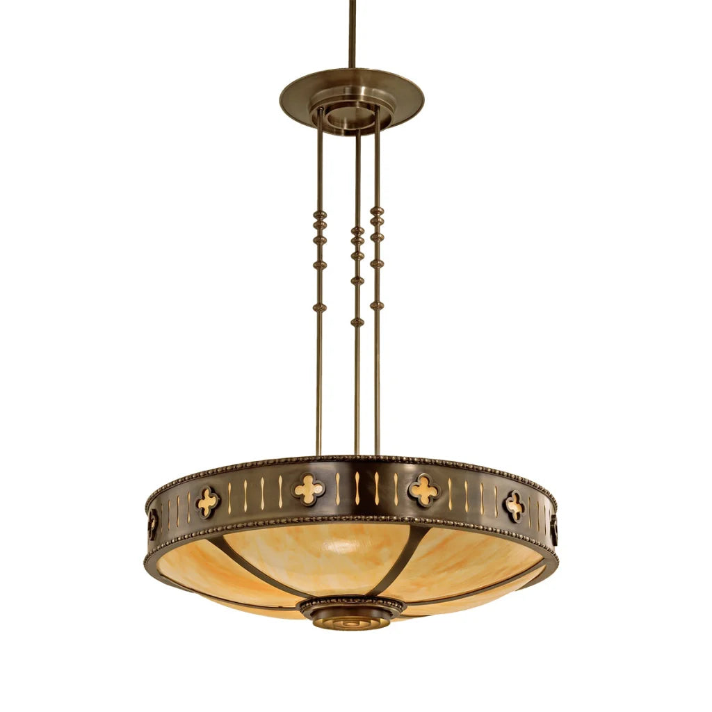 Antique brass pendant light with intricate cross designs and glass shade.