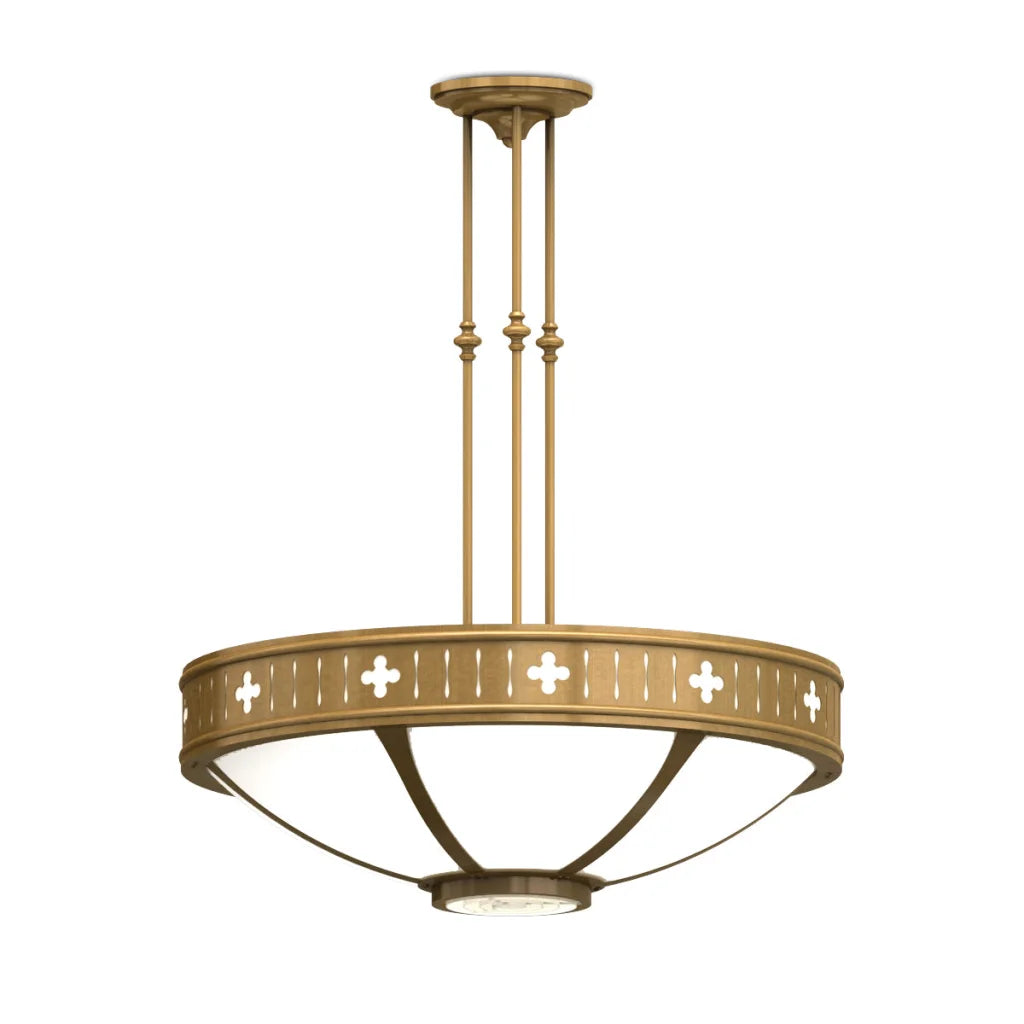 Brass-colored pendant light with cross designs and a white glass shade.