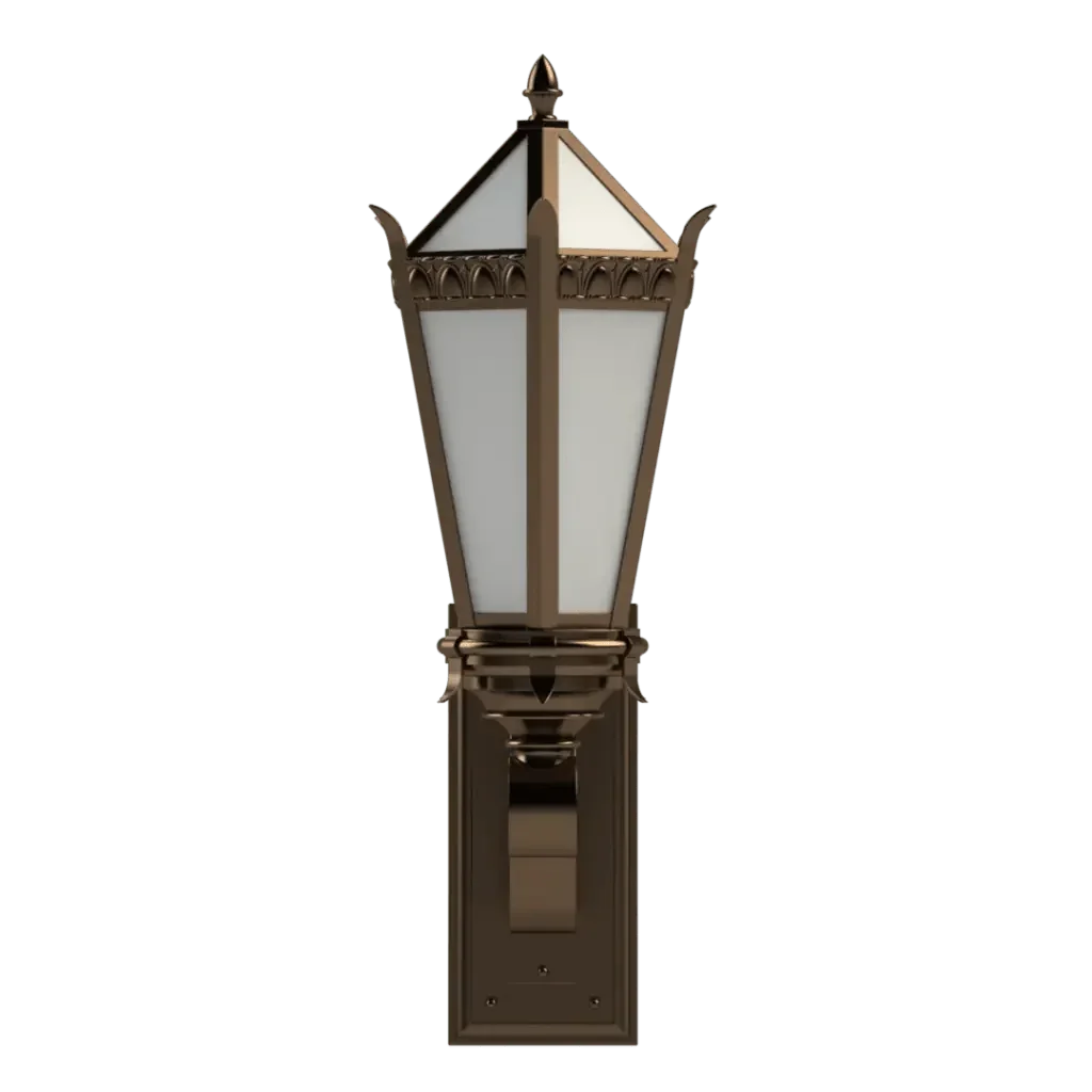 Edwardian Sconce - polished brass finish, detail of decorative arch molding under roof eaves