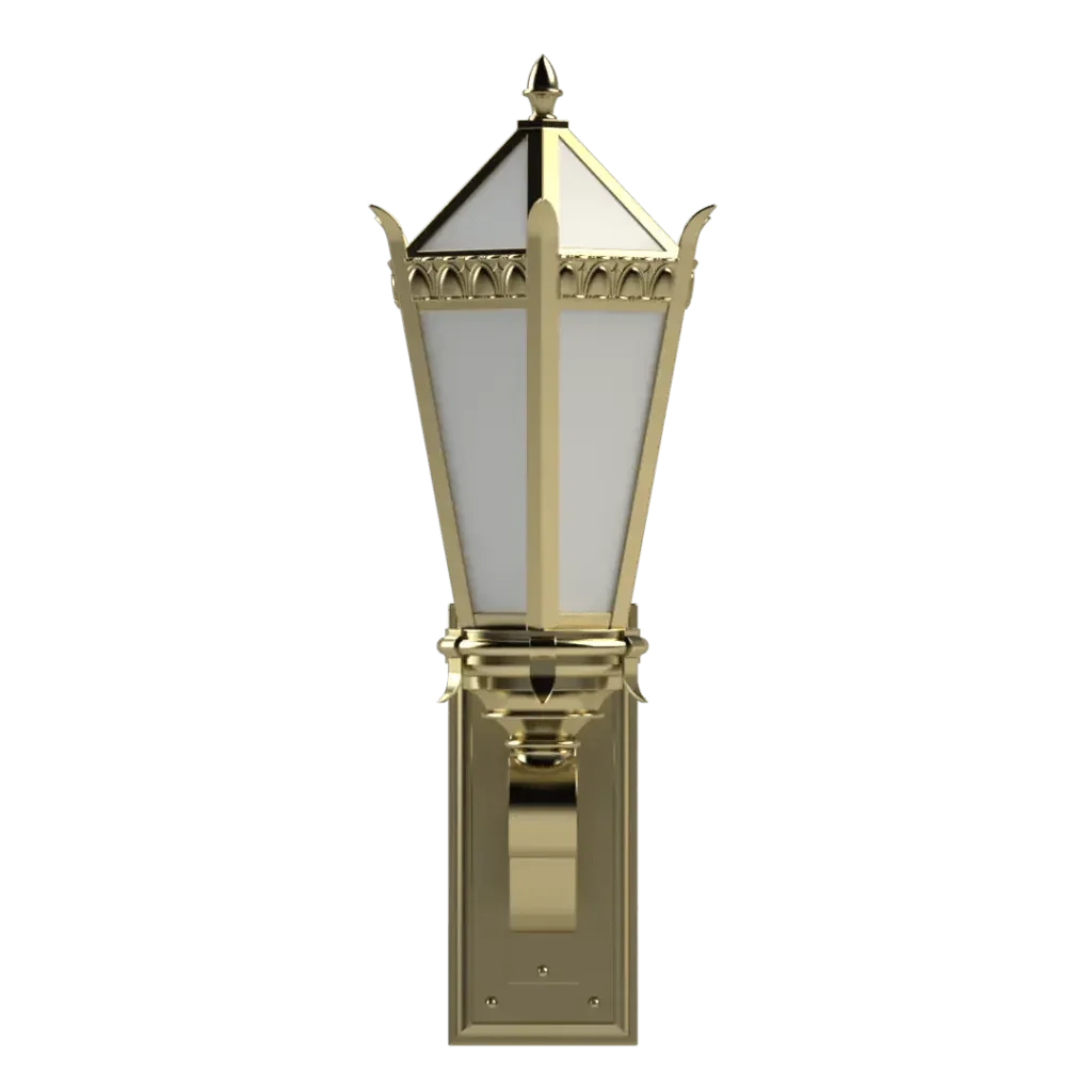 Edwardian Sconce - polished brass finish, three-quarter view showing multi-sided lantern body with white opal glass panels