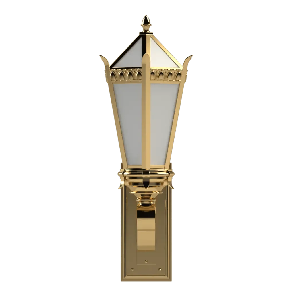 Edwardian Sconce - polished brass finish, front elevation showing lantern form with pyramidal roof and pointed finial