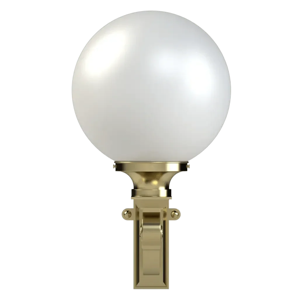 Fairfax sconce wall-mounted brass outdoor light with a spherical white globe for exterior illumination
