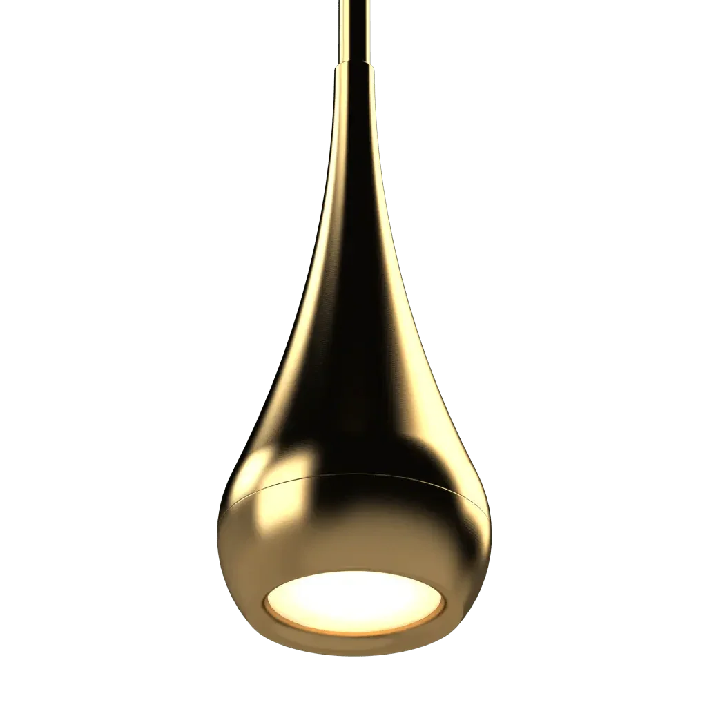 Fallwater Pendant - polished brass finish, side profile showing extreme taper from base to neck