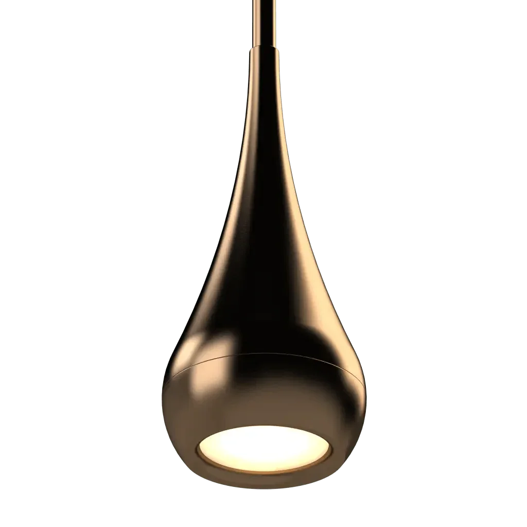 Fallwater Pendant - polished brass finish, detail of thin neck connecting to wide base