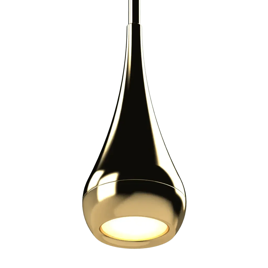 Fallwater Pendant - polished brass finish, front elevation showing teardrop form with wide bulbous base tapering to thin neck