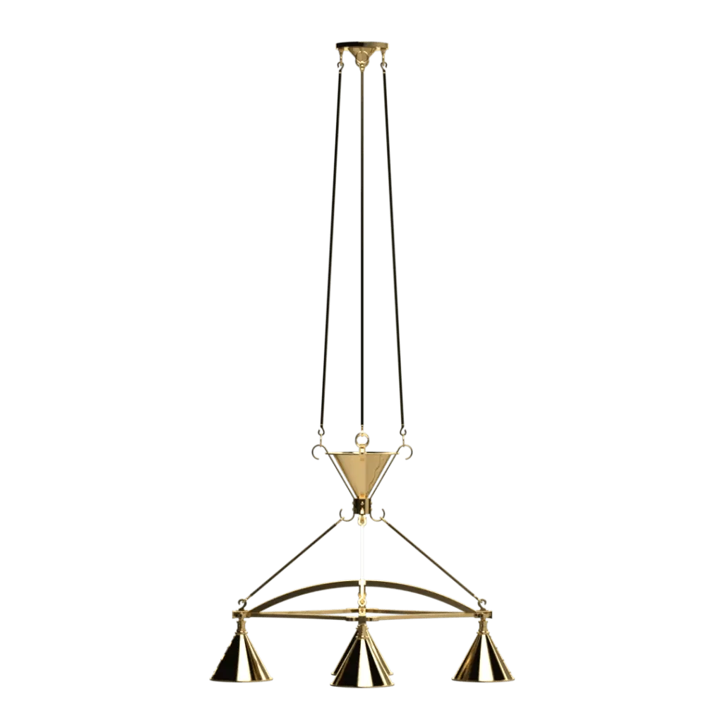 Ferric chandelier brass-colored billiard table light fixture with three conical brass shades for game room lighting