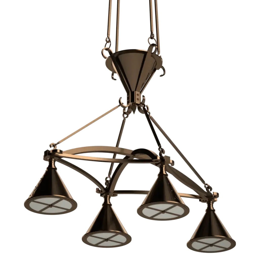 Bronze ferric chandelier with five downward-facing cone-shaped lights ideal for elegant interior lighting
