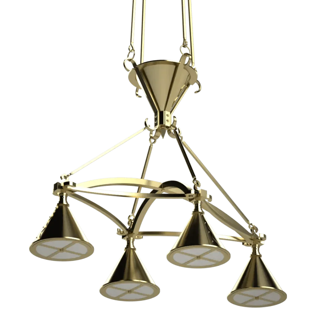 Ferric chandelier gold-colored metal with four downward-facing cone-shaped lights for elegant indoor lighting