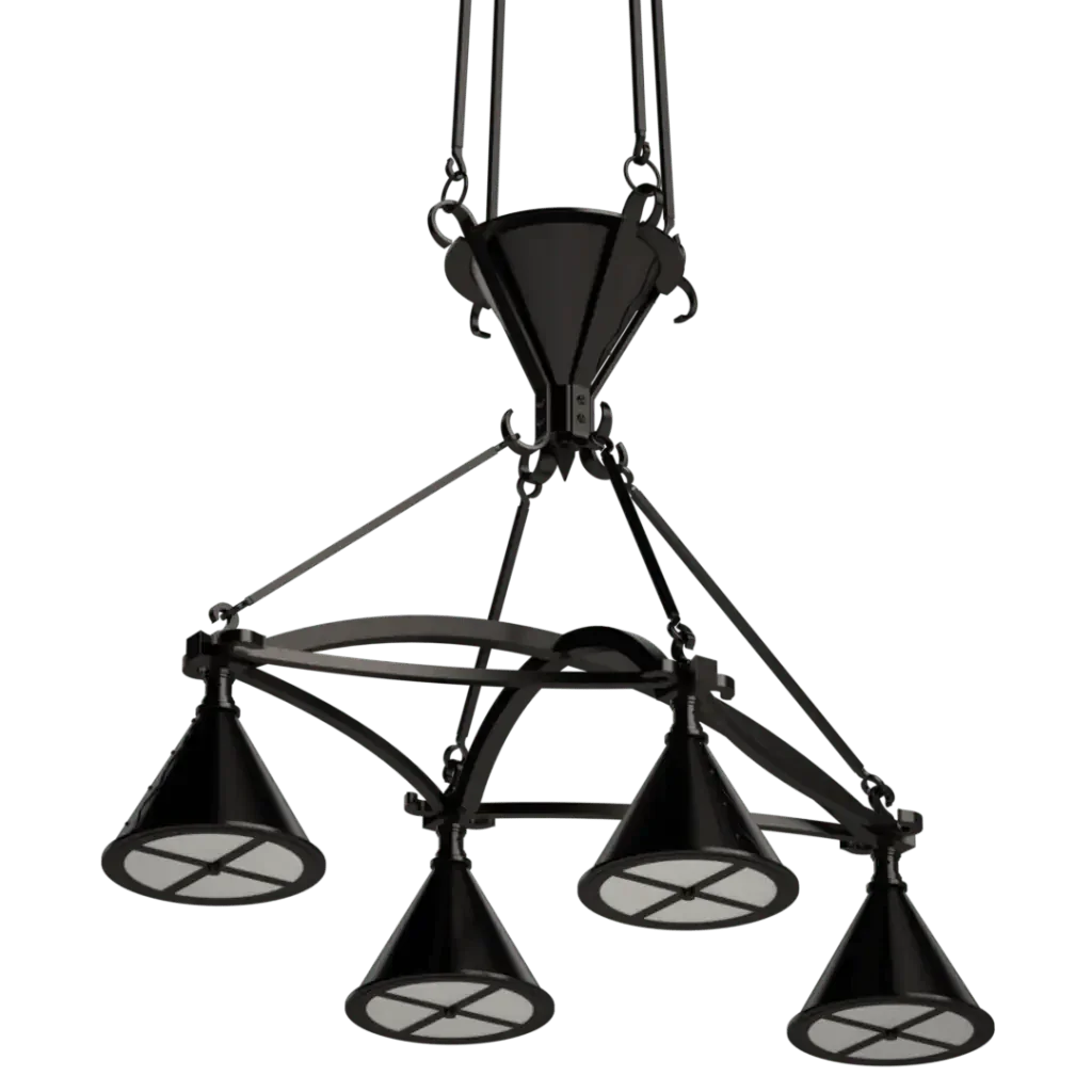 Ferric chandelier with a dark-toned, multi-light tiered industrial design perfect for modern interiors