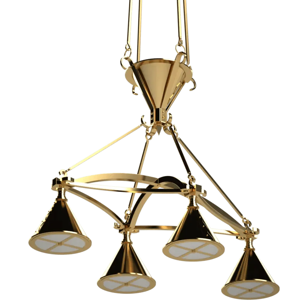 Gold-finished ferric chandelier with four downward-facing cone-shaped lights in elegant metal design
