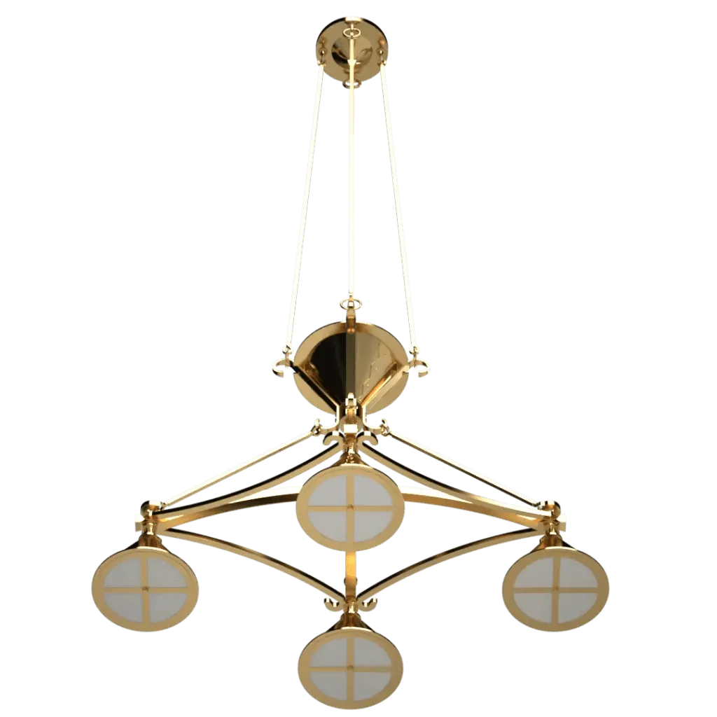 Ferric chandelier featuring polished brass with four circular frosted glass light shades for elegant lighting