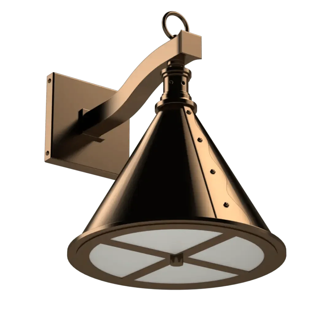 Bronze ferric sconce outdoor wall light with conical shade and frosted glass diffuser