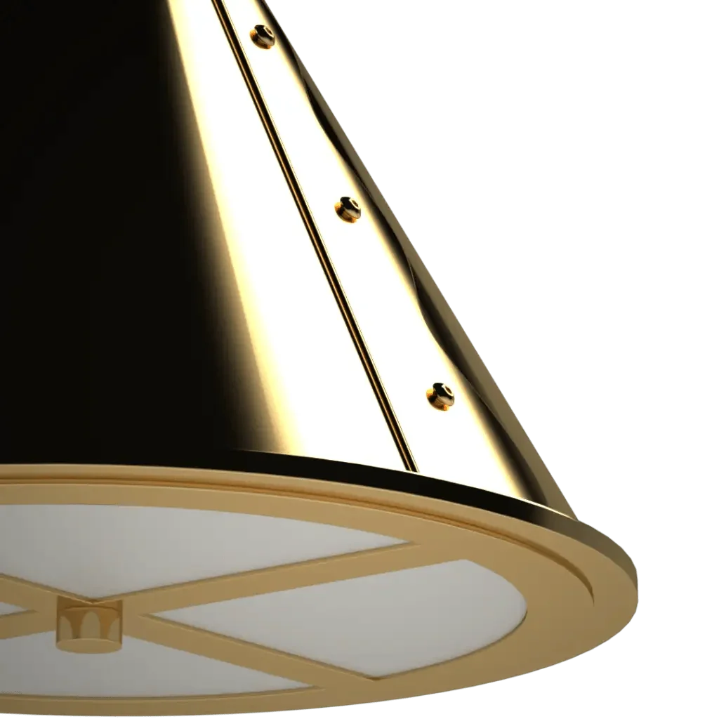 A polished gold and white conical pendant light sconce made of metal for elegant indoor lighting