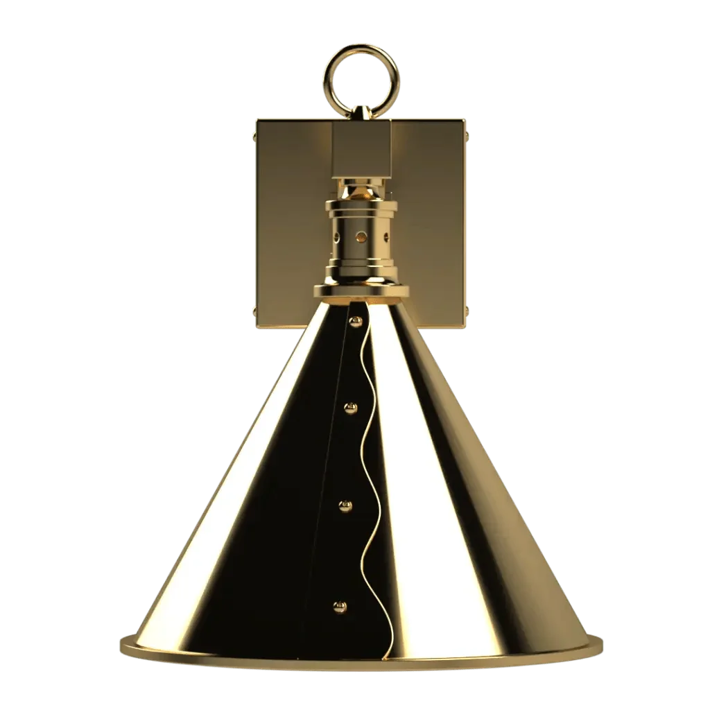 A shiny gold ferric sconce with a conical shade and decorative wavy embellishment designed for wall lighting