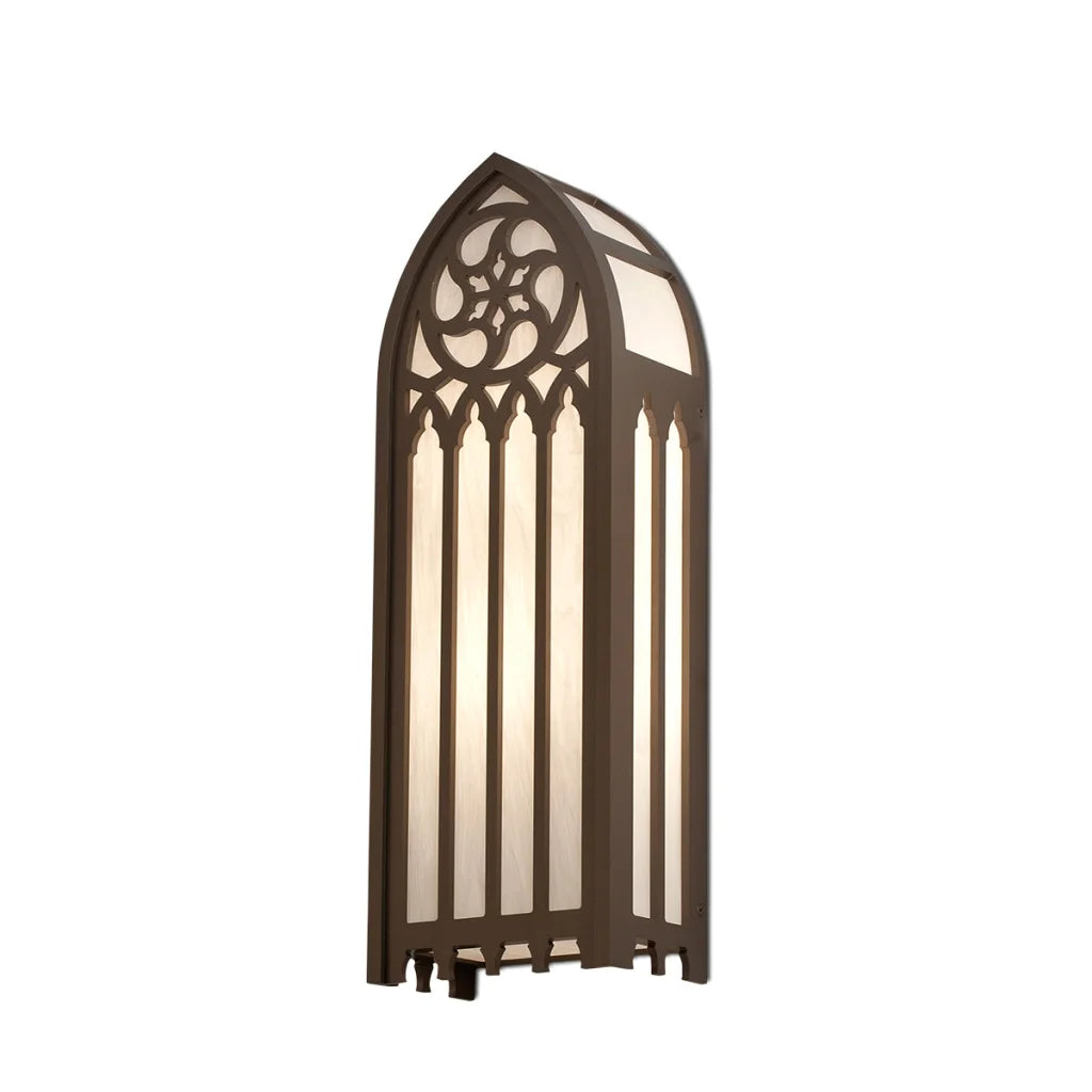 Gothic arch window screen with intricate lace design, bronze finish.