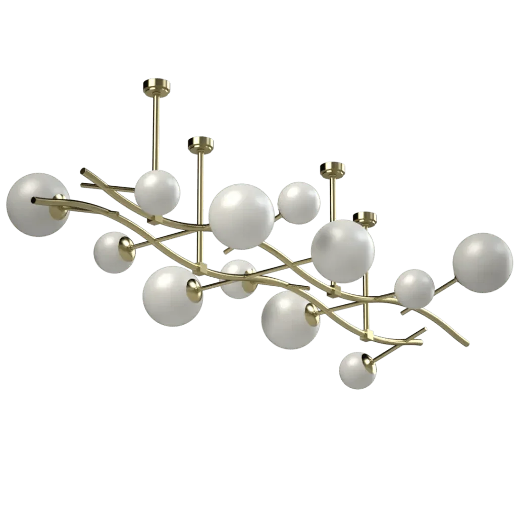 Gateway chandelier featuring a gold-toned branching frame with multiple white spherical glass shades in a contemporary design