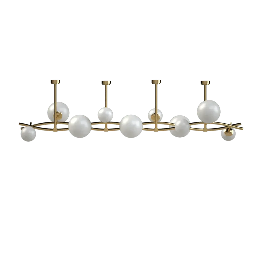 Gateway chandelier linear design with multiple white globe diffusers and gold-finished metal frame for indoor lighting