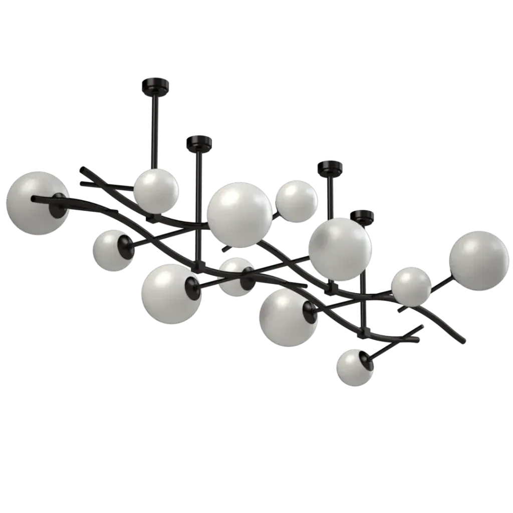 Modern black Gateway chandelier featuring multiple white globe lights in a sleek contemporary design