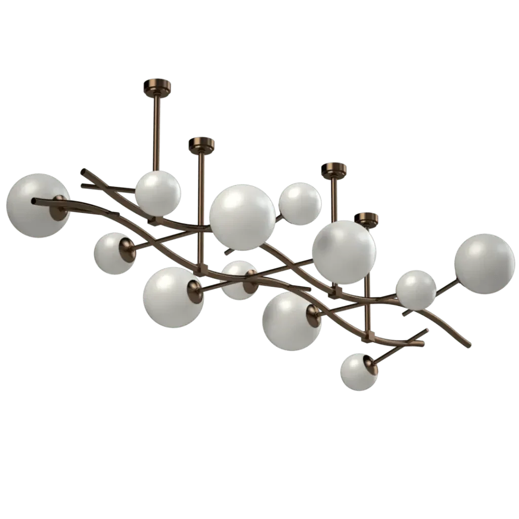 Gateway chandelier featuring multiple white glass globes on a dark metal branch-like modern frame