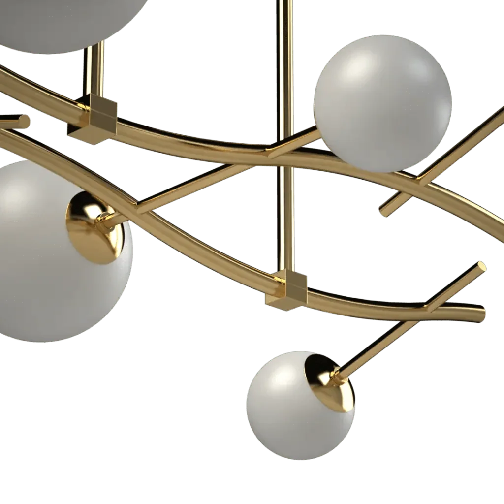 Modern Gateway chandelier featuring white globe lights and gold metal branches for elegant interior lighting