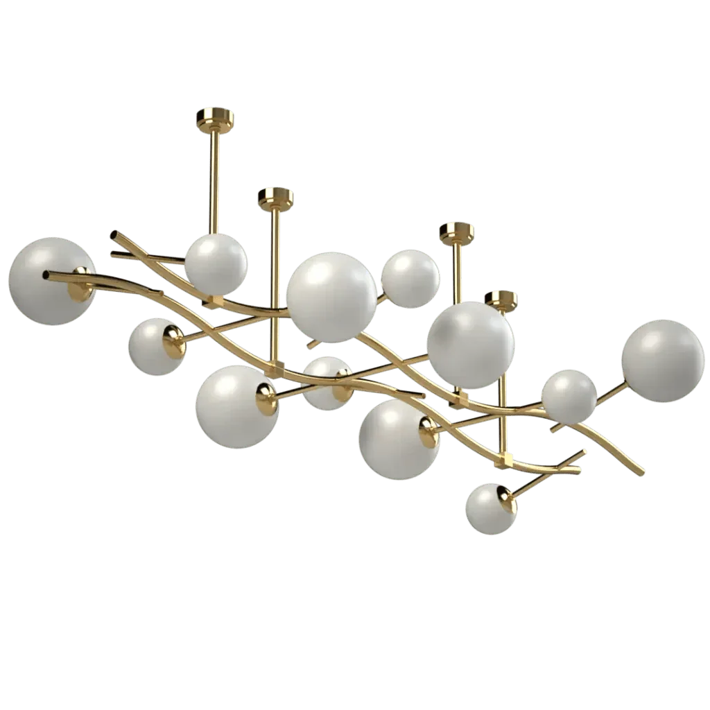 Gateway chandelier gold-toned branch-like design with multiple white spherical shades for elegant lighting