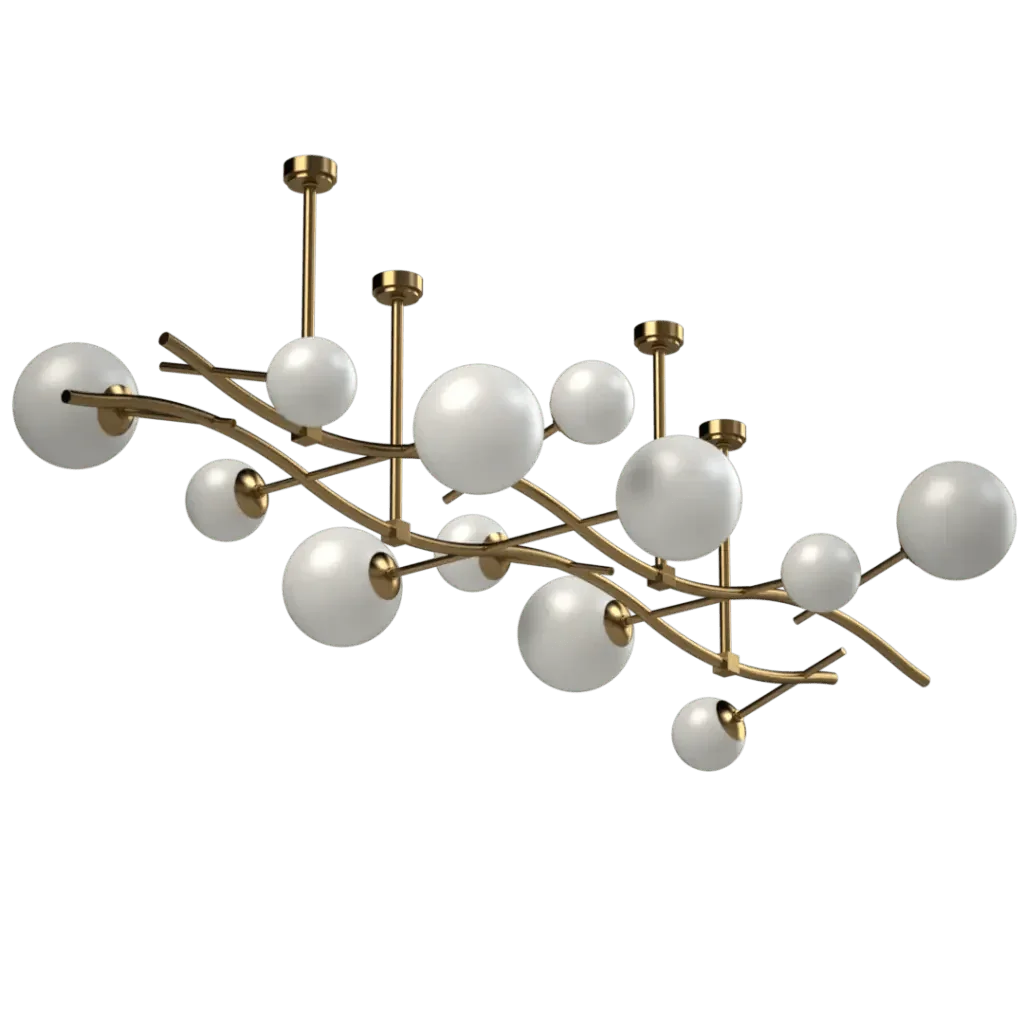 Gateway chandelier featuring a gold-toned frame with multiple white globe diffusers for elegant lighting
