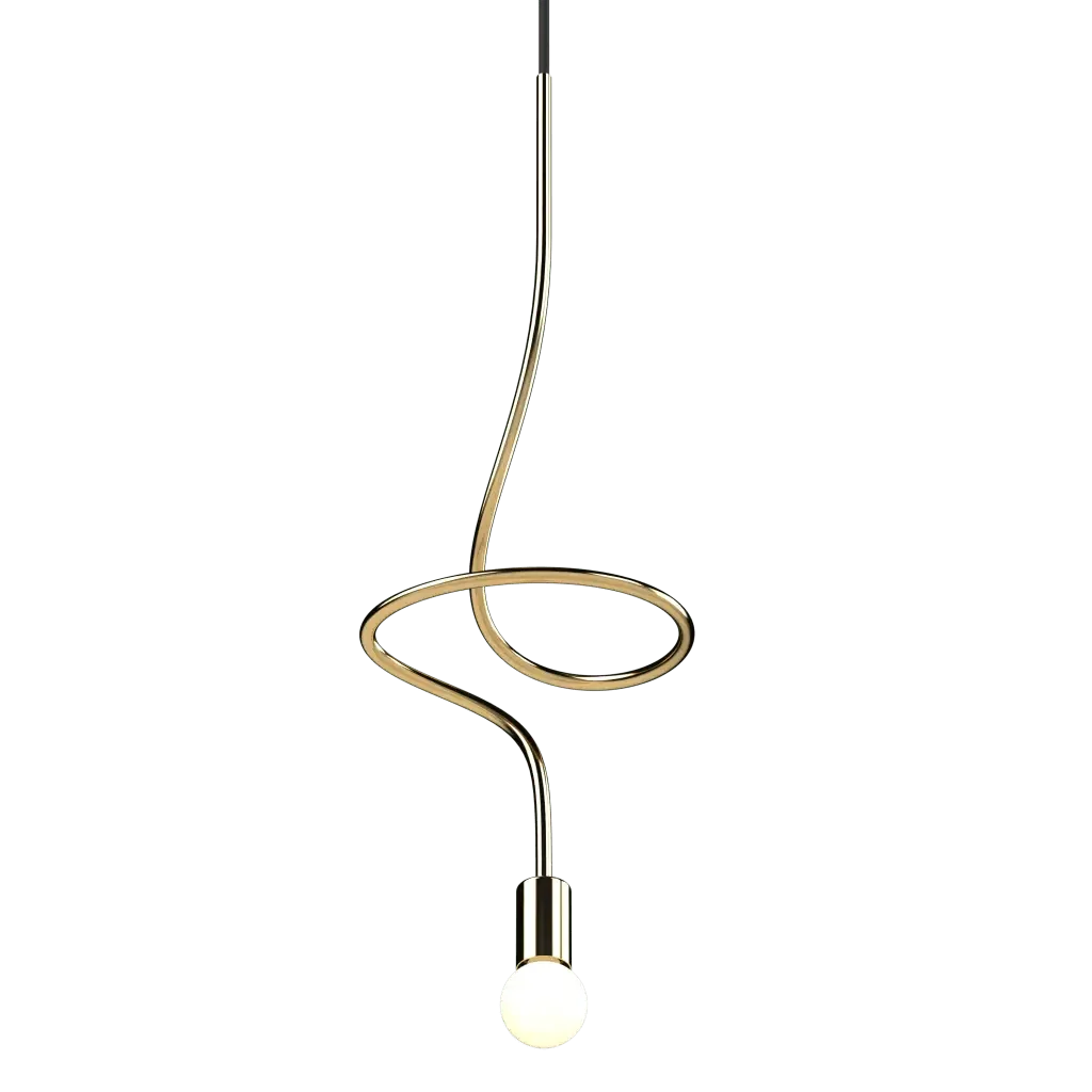 Gesture Pendant 1 - polished brass finish, front elevation showing single spiral sculptural form with exposed bulb