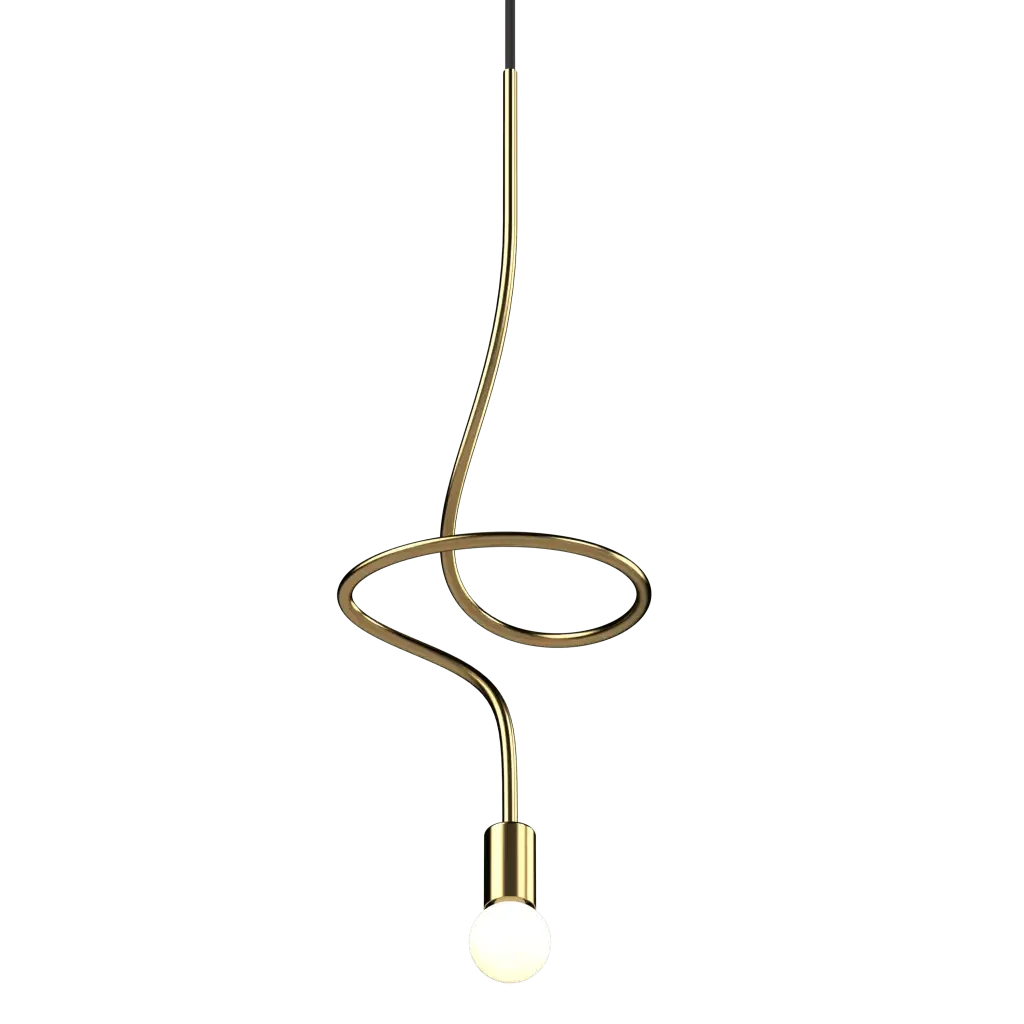 Gesture Pendant 1 - polished brass finish, side profile showing twisting form and circular ceiling canopy