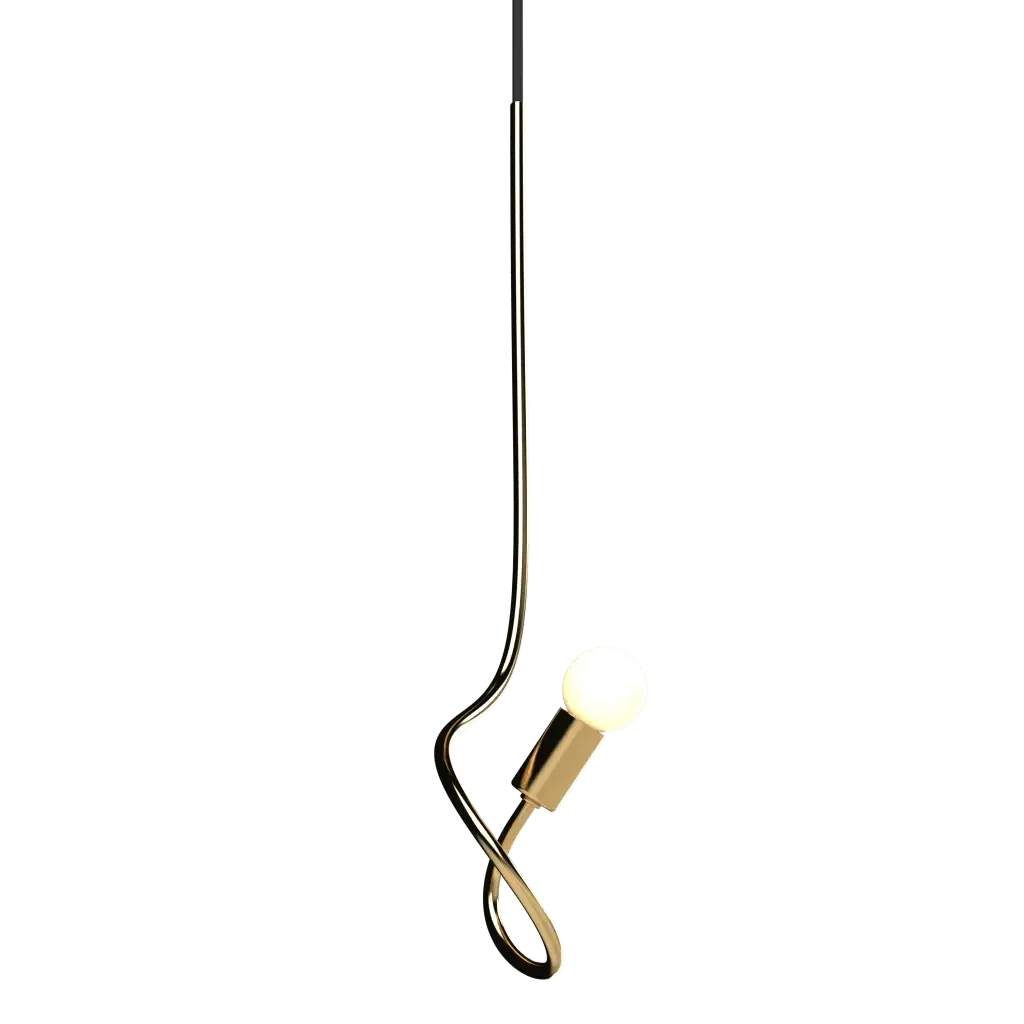 Gesture Pendant II - polished brass finish, front elevation showing double spiral sculptural form with exposed bulb