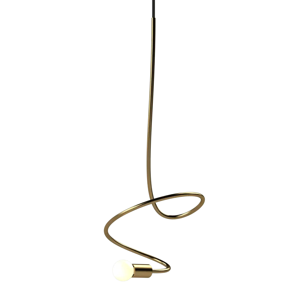 Gesture Pendant III - polished brass finish, side profile showing twisting form and circular ceiling canopy