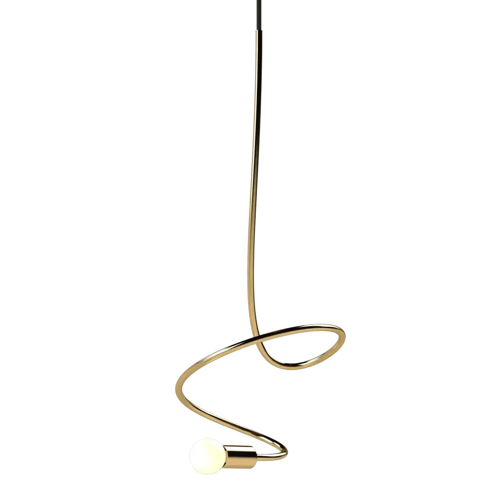 Gesture Pendant III - polished brass finish, front elevation showing triple spiral sculptural form with exposed bulb