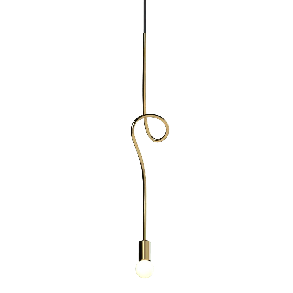 Gesture Pendant IV - polished brass finish, three-quarter view showing asymmetrical spiral loop