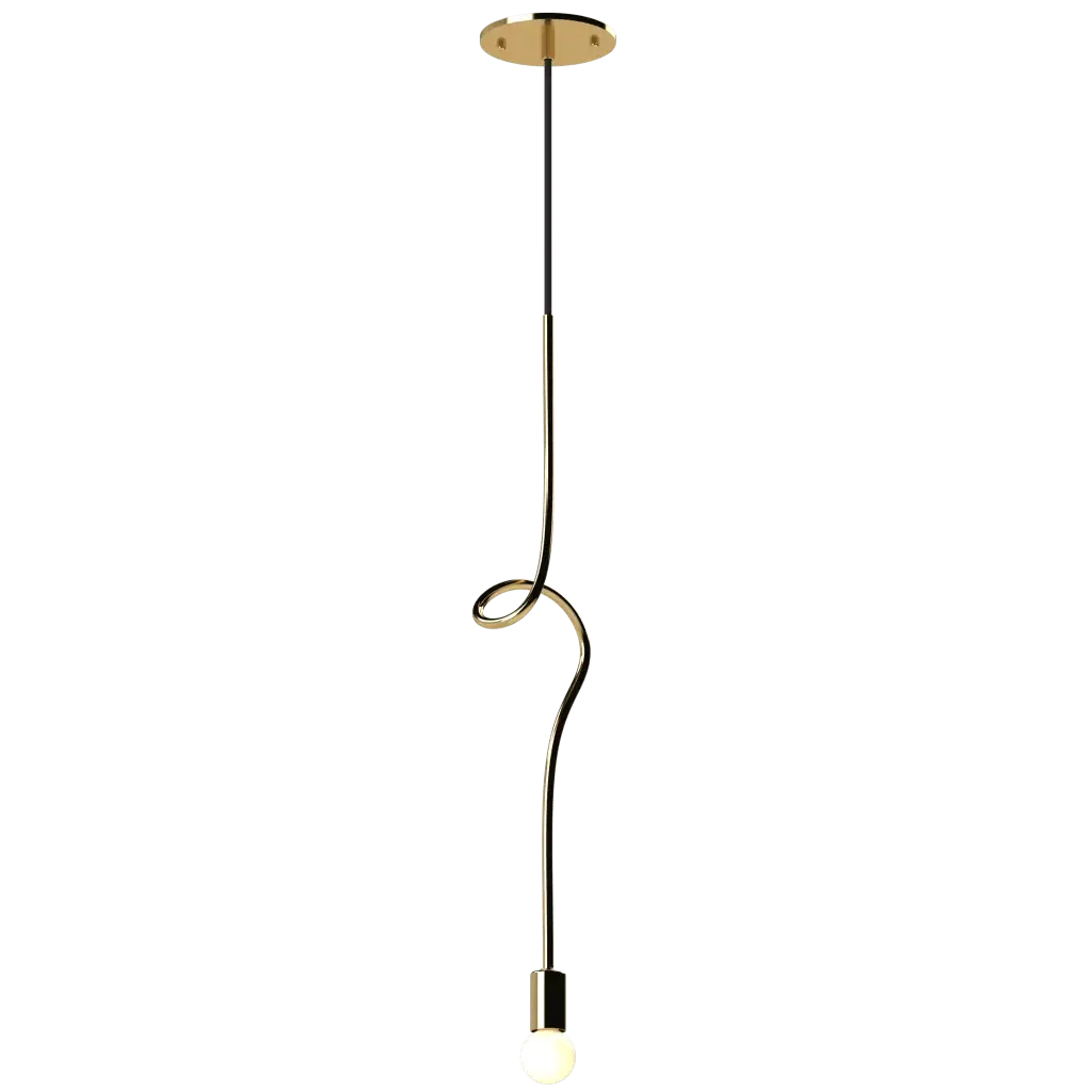 Gesture Pendant IV - polished brass finish, front elevation showing offset spiral sculptural form with exposed bulb