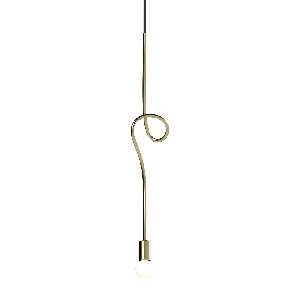 Gesture Pendant IV - polished brass finish, side profile showing twisting form and circular ceiling canopy