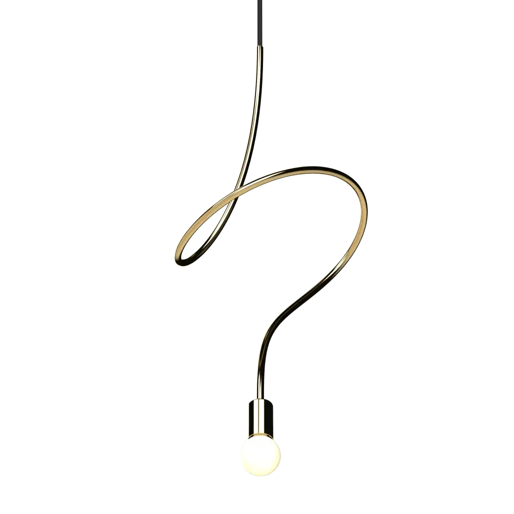 Gesture Pendant V1 - polished brass finish, front elevation showing compact spiral sculptural form with exposed bulb