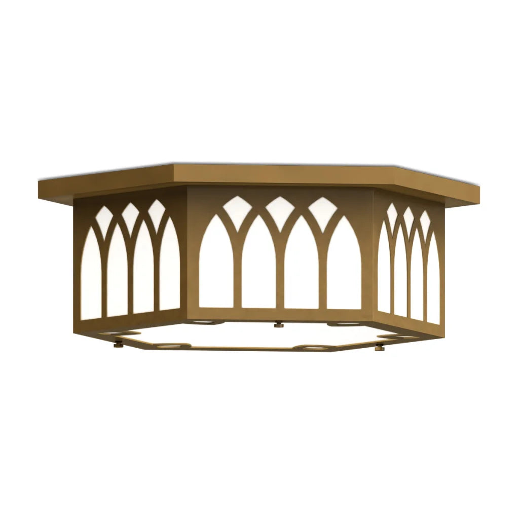 Gold gothic arch ceiling light fixture with intricate detailing and a rectangular top.